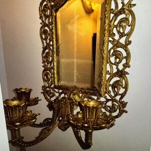 BRADLEY & HUBBARD Antique Victorian Bevel Edge Mirror Triple Candle Holder B&H